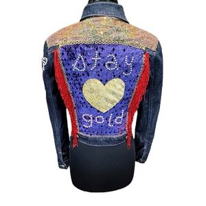 Vintage Polo Jeans Co “Stay Gold”  Embellished Cropped Denim Jacket Size S